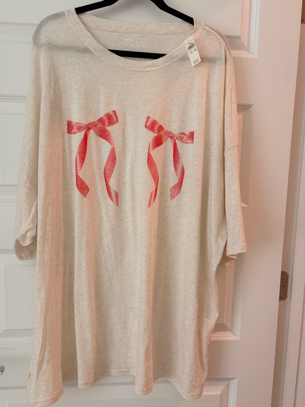 Aerie Womens Beige Graphic Pink Bow/Ribbon T Shirt New Size XXL Soft Casual Top